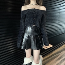 (Seconds Kill Clear Cabin) Black Crocodile Embossing High Waist 100 Lap Temperament Advanced Teenage Girl Trendy 100 Plepley Leather Short Dress