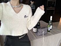 CHICYOU white ink green black warm soft glutinous thick solid letter embroidery v collar short 100 lap casual sweaters