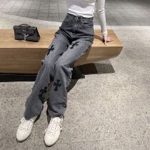 CHICYOU (Street Cool Girl) Smoke Grey Light Blue Leather Cross Straight Barrel Casual 100 Hitch Jeans