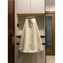 Ya Zhihe high waist strap imported silk wool medium long large A version umbrella skirt wool white skirt