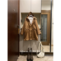 Casual and high and autumn Lanshan honey candy brown silk slippery glossy heavy industry profile hooded long windbreaker