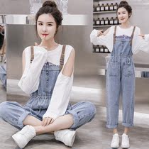 Spring and Autumn denim backpack pants suit women 2021 new fashion Korean version loose foreign atmosphere age slim little man