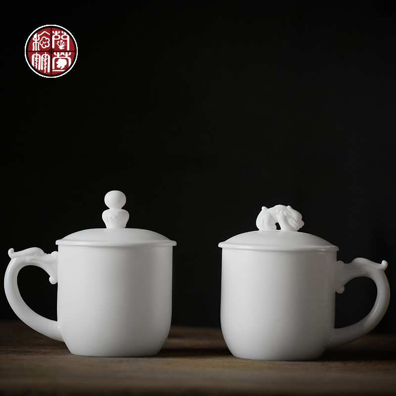 Dehua suet jade white porcelain cup with cover office meeting ceramic household biscuit firing individual cup a cup of tea cup