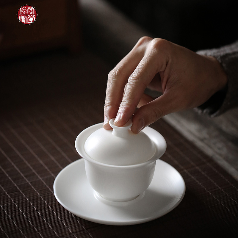 Dehua white porcelain thin body suit household kunfu tea suet jade tureen tea six people make tea of a complete set of living room