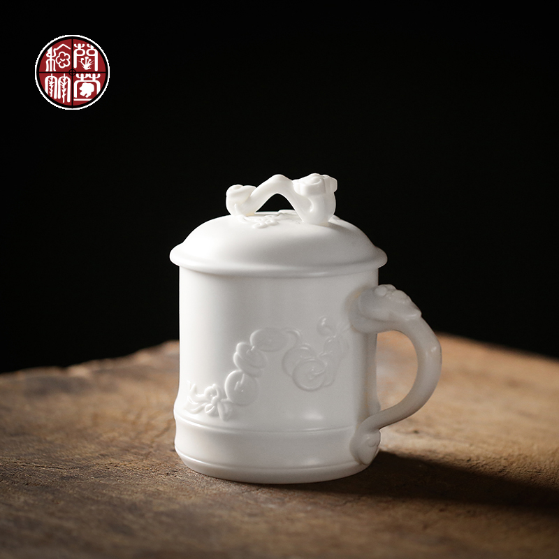 Dehua white porcelain biscuit firing office cup with handle glass ceramics and retro embossment personal cup home tea cup