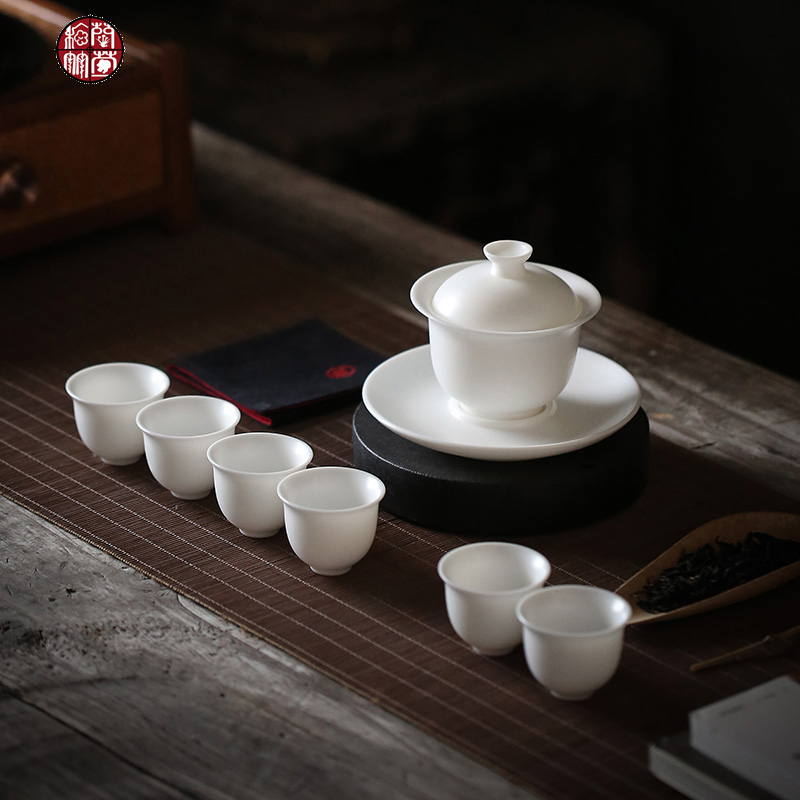 Dehua white porcelain thin body suit household kunfu tea suet jade tureen tea six people make tea of a complete set of living room