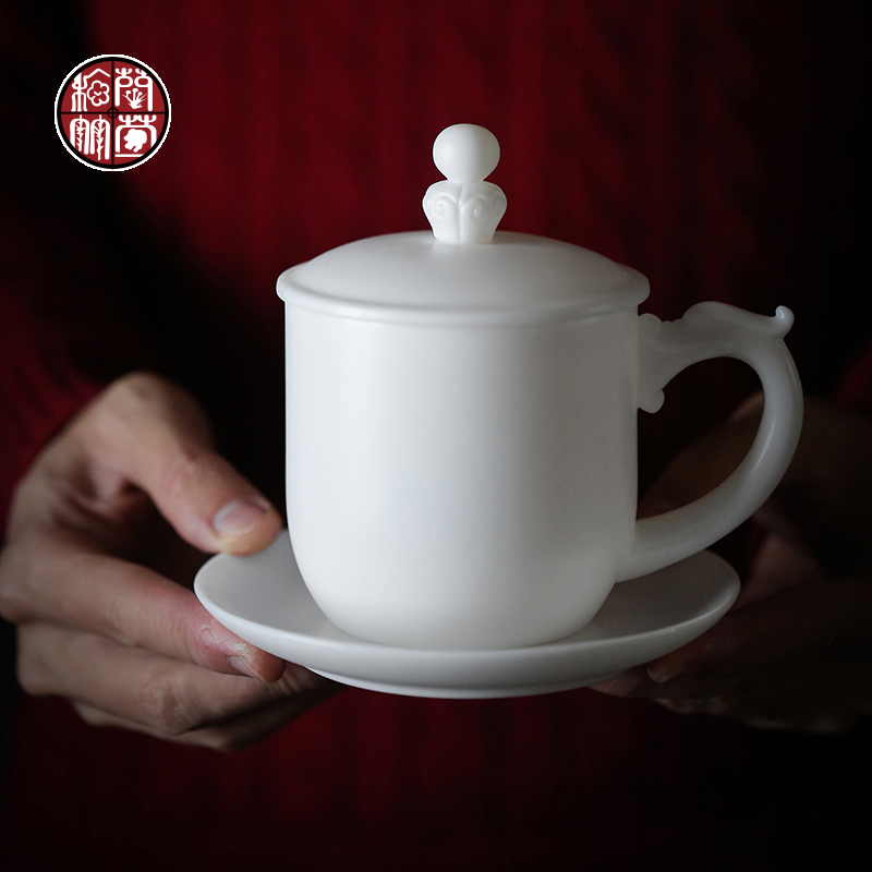 Dehua suet jade white porcelain cup with cover office meeting ceramic household biscuit firing individual cup a cup of tea cup