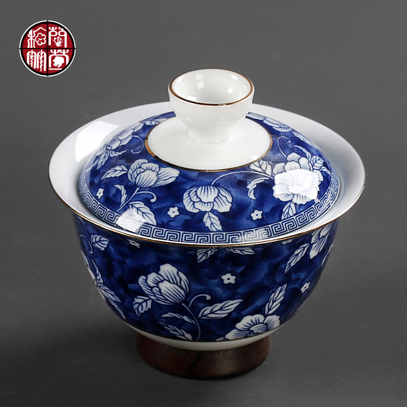 Tureen hand - made cover glass ceramic cup retro blue and white pure manual kung fu 5 tea cup of Chinese tea taking