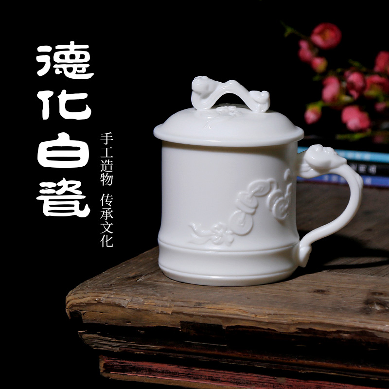 Luck, guo - jin zhang pure manual glass dehua white porcelain cup with the ceramic with cover suet jade tea cup