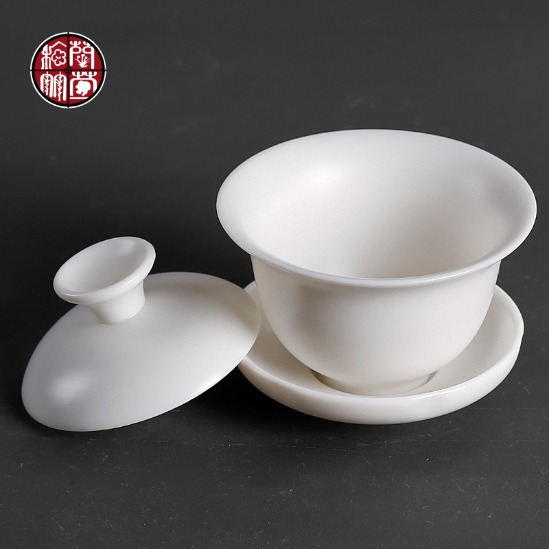 Suet jade bowl is pure manual dehua white porcelain three tureen only three sets of kung fu tea set dip teapot tea cups