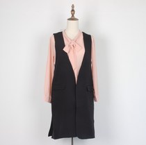 Black deep V collar without buckle in long style waistcoat female spring autumn display slim OL commute pure color suit jacket with long jacket