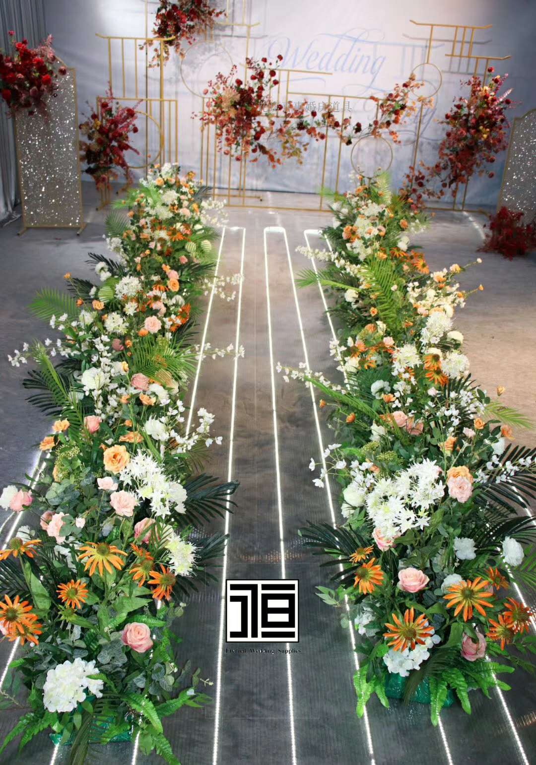绿色绿植森系排花婚庆花排道具路引绢花仿真花排路引包角背景花