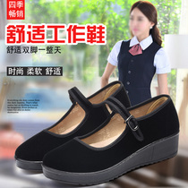 SEG wife shoes thick bottom high heel small black shoes female summer work Black pull belt old Beijing cloth shoes flagship store official