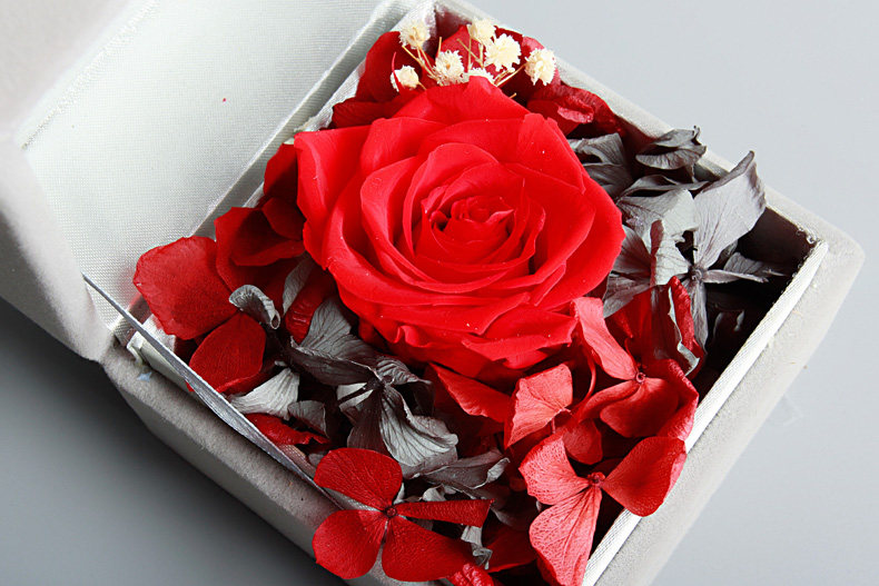 顺丰包邮绣球花玫瑰干花高端木质礼盒 情人节七夕礼物(大圆盒款红色)