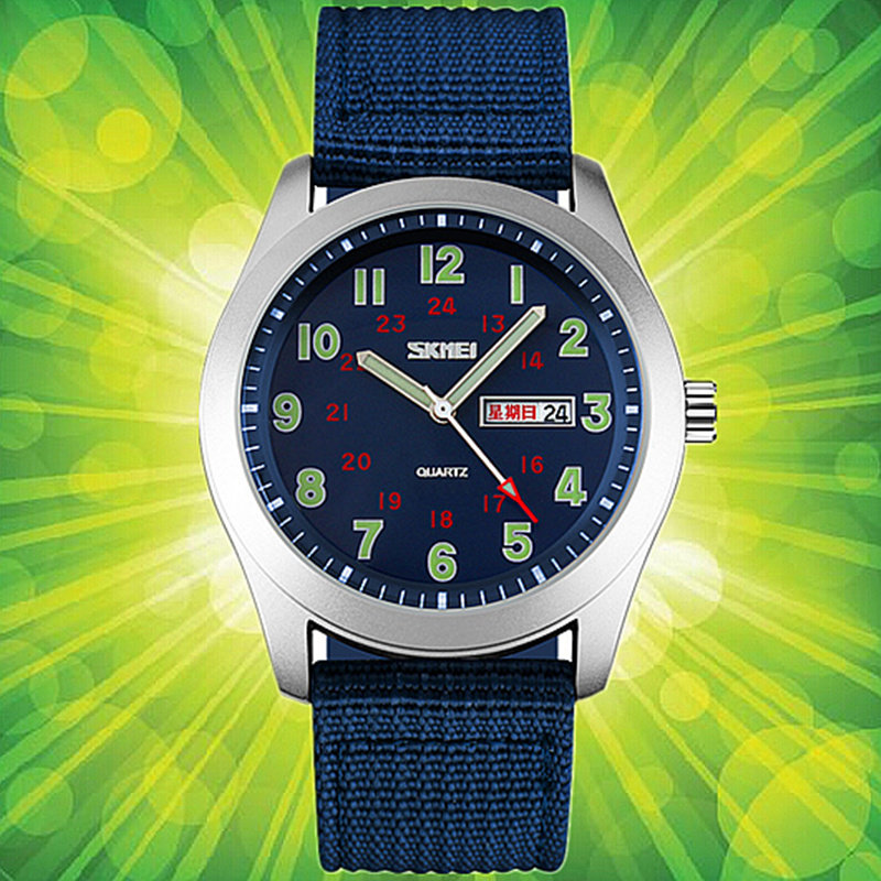 时刻美夜光编织尼龙表带学生双日历石英表男士手表帆布带男表9112_不