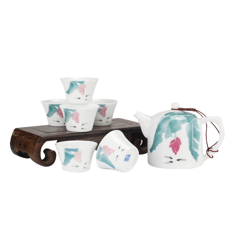 Tea sets a complete set of ceramic kung fu Tea set under the glaze color hand - made teapot six cups work home Tea gifts