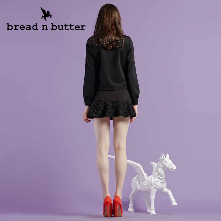 【商场同款】bread n butter面包黄油品牌女装纯黑显瘦长袖上衣