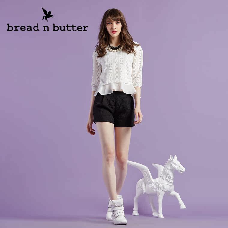 【商场同款】bread n butter面包黄油品牌女装七分袖雪纺蕾丝衫女