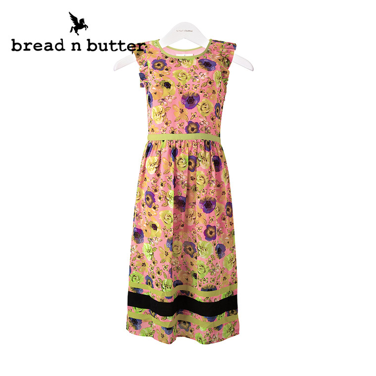 【商场同款】bread n butter面包黄油品牌女装印花高腰长款连衣裙