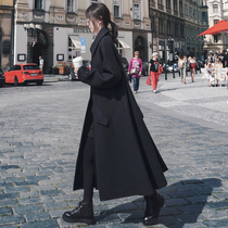 Black Hepburn style woolen coat womens long section 2022 new mid-length winter thickened cape woolen coat