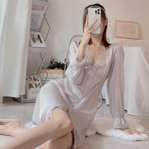 Sandro Magen French spring and autumn sexy nightdress womens ice silk long-sleeved silk satin pure desire temptation pajamas