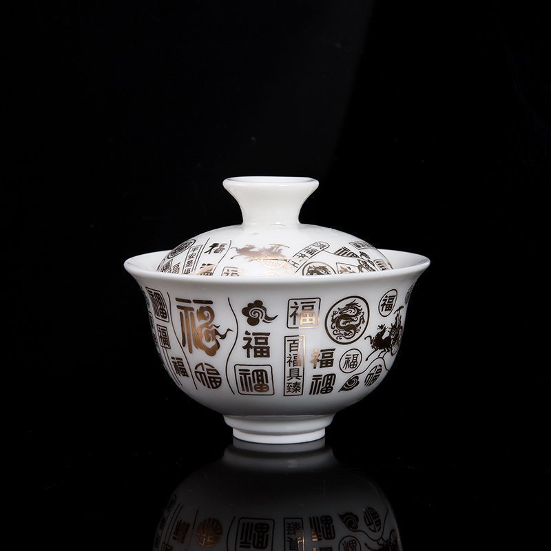 Dehua porcelain kung fu tea set Chinese zodiac accessories, covered bowl, cup, the cup, with a hole,