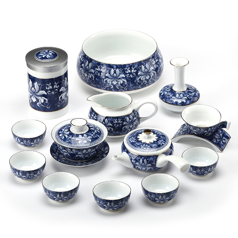 TaoMingTang jingdezhen blue and white porcelain kung fu tea set suit Japanese contracted household white porcelain tea set, ceramic