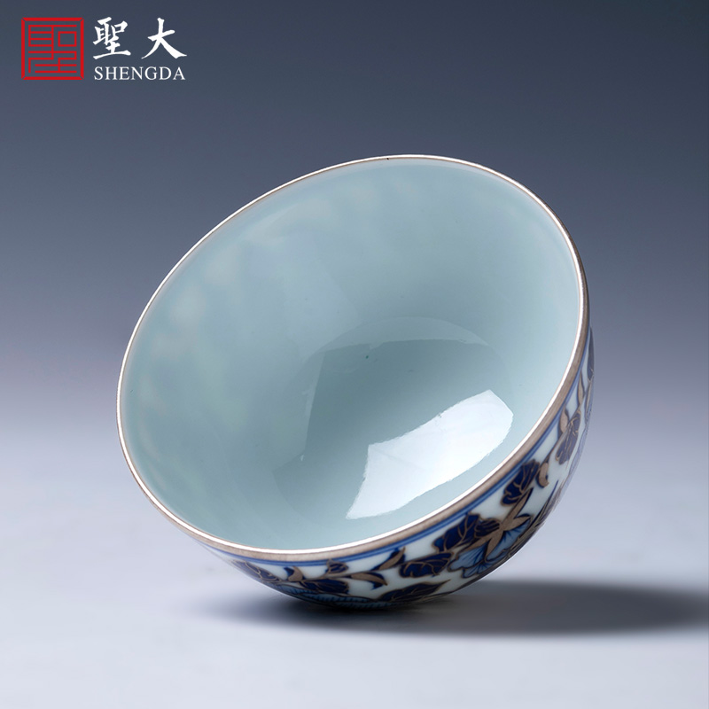 Blue and white trace silver Santa teacups hand - made ceramic kungfu peony lines master cup sample tea cup jingdezhen tea service