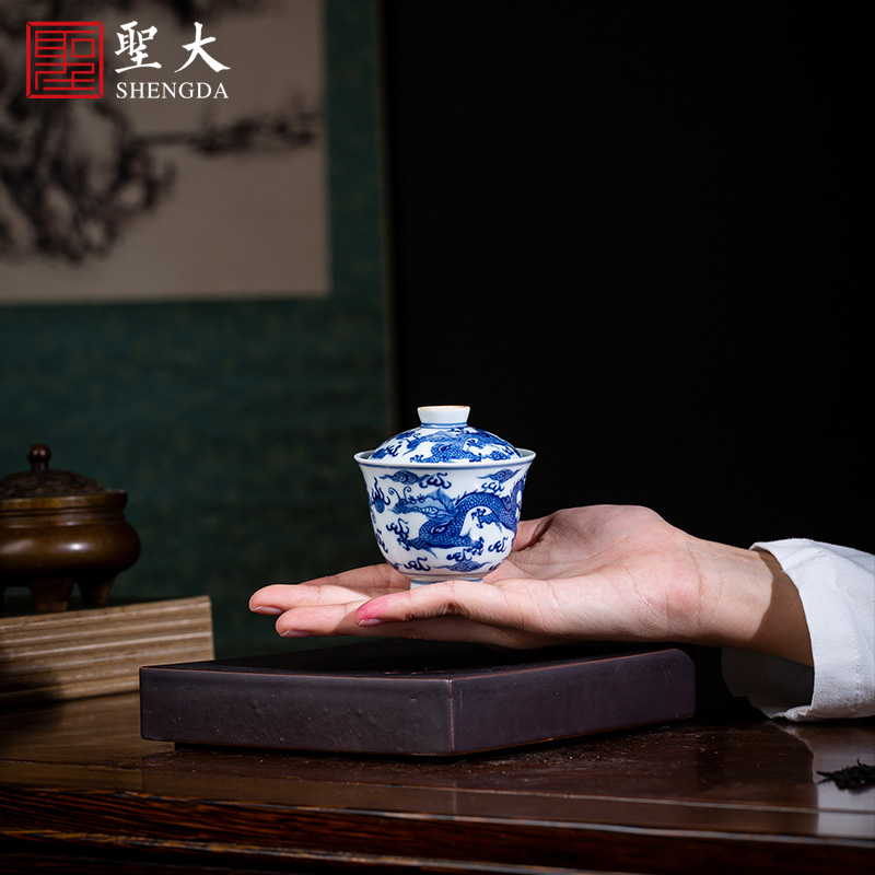 Holy big pure hand - made ceramic no riding tureen manual blue - and - white longfeng grain single breadth tea bowl of jingdezhen tea service by hand