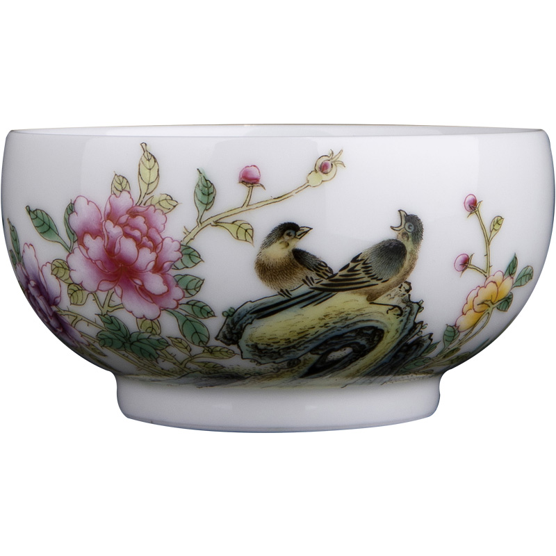 Large ceramic powder enamel peony mountain birds image masters cup of jingdezhen tea service manual hand - made kung fu tea cups sample tea cup