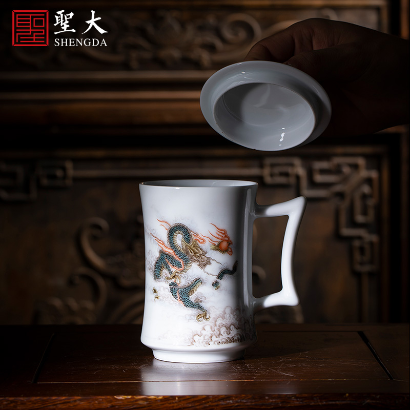 Holy big surprised office cup hand - made ceramic famille rose cloud dragon tea cup with lid handle manual of jingdezhen tea service