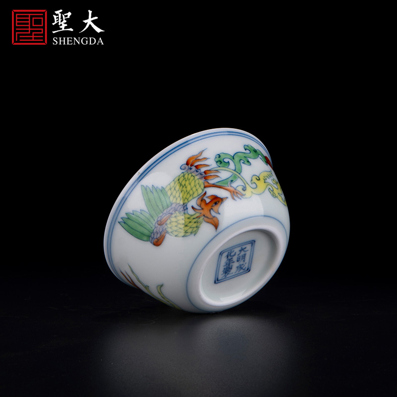 Holy big porcelain doucai bucket color real talent phoenix design cylinder cup jingdezhen high - grade pure manual hand - made kung fu tea cups