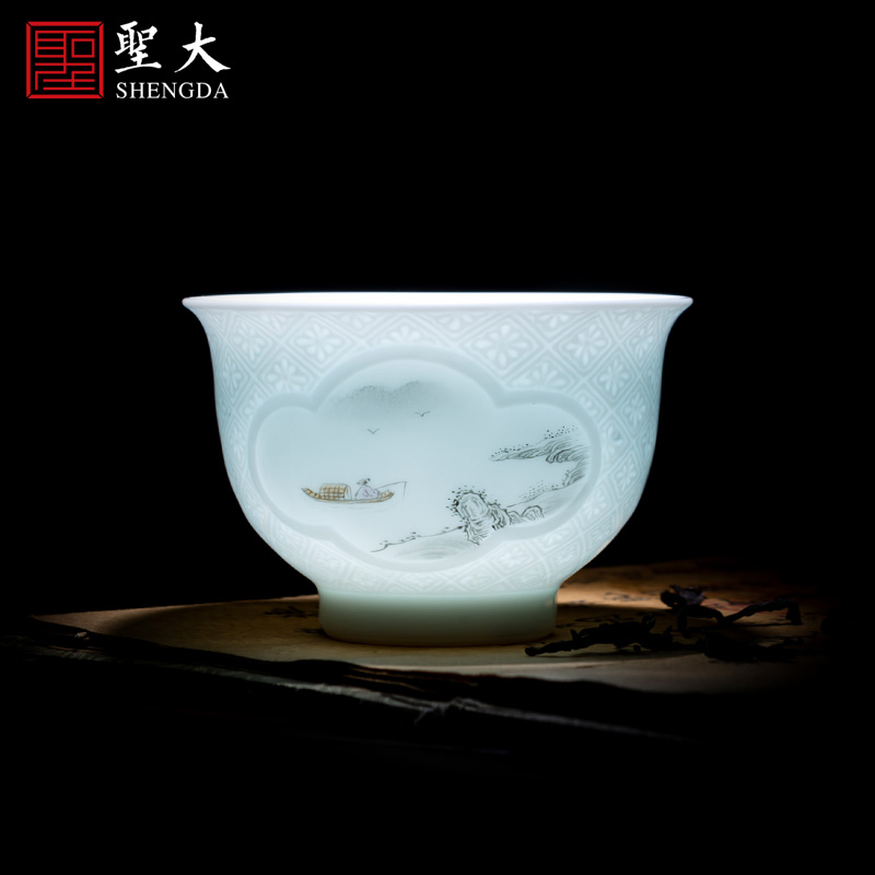圣大陶瓷纯手绘暗刻如意开窗新彩山水诗文品茗杯全手工景德镇茶具
