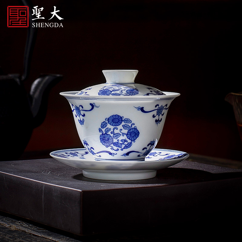 The big blue and white by lines 3 ceramic tureen teacups hand - made all hand jingdezhen kung fu tea set to make tea bowl