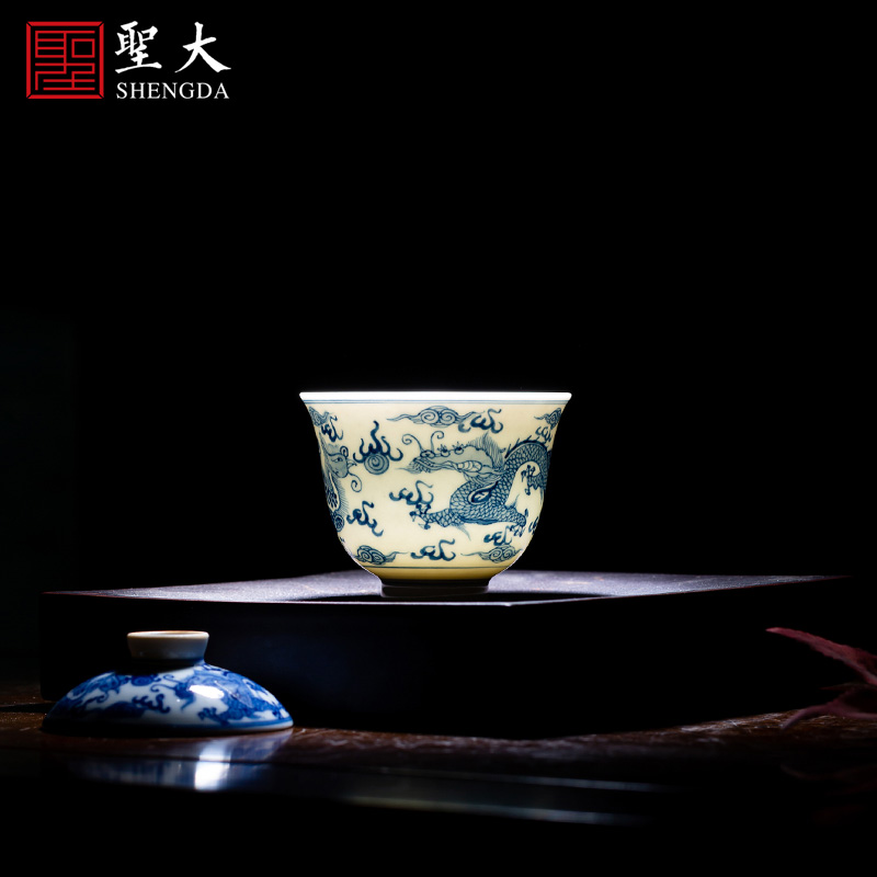 Holy big pure hand - made ceramic no riding tureen manual blue - and - white longfeng grain single breadth tea bowl of jingdezhen tea service by hand