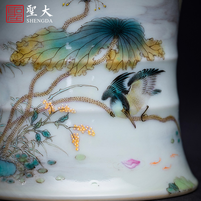 The big ceramic cover set The lotus pond, hand - made pastel kingfisher bamboo cover all hand jingdezhen kung fu tea accessories