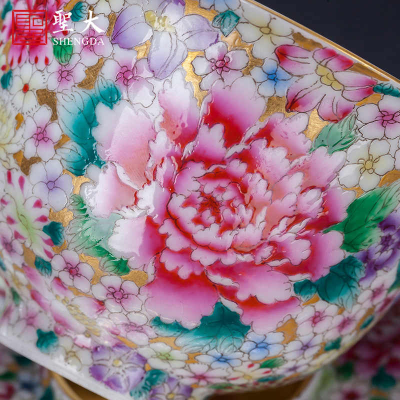 St large ceramic three tureen hand - made gold base famille rose flower notes tureen tea bowl full manual of jingdezhen tea service