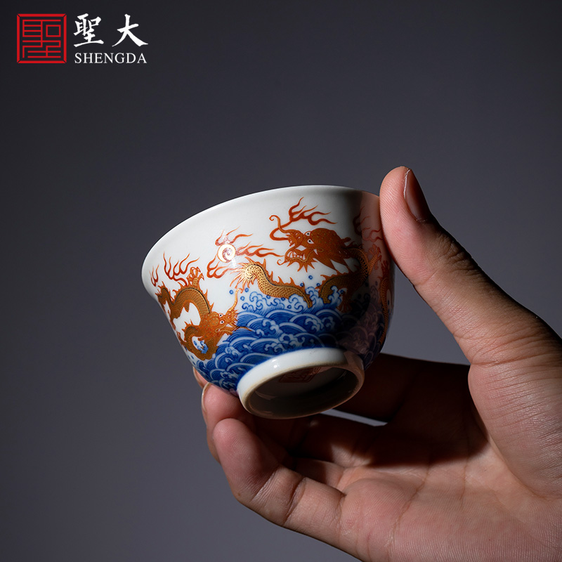 Holy big blue and white alum teacups hand - made ceramic kungfu red paint wulong sea master cup manual of jingdezhen tea service