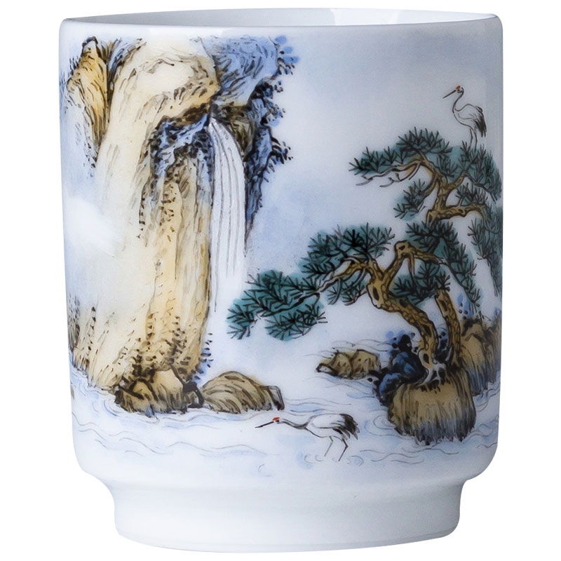 Holy big ceramic sample tea cup master cup hand - made pastel pine crane waterfall and personal cup jingdezhen tea cup by hand