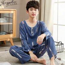 Junior high school pajamas boys summer thin cotton boys summer teenager cotton spring home clothes set