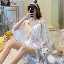 Princess style pajamas women summer ice silk 2021 new bow sexy suspender silk three-piece set of homewear