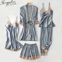 Pajamas Women Summer Ice Silk 2022 Spring Dress New Five-Piece Set Spring and Autumn Lace Sexy Suspender Silk Nightgown Woman