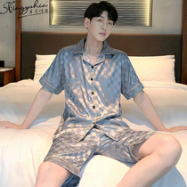 Plaid ice silk pajamas mens summer thin 2022 new summer short sleeves shorts silk loungewear set