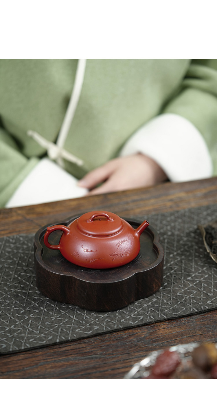 宜兴原矿紫砂茶壶吴荣华手工朱泥小品刻绘 敬心110cc