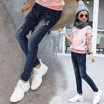 2022 Girl Pants Pants Spring Fall Integrated Suede Pants Autumn Winter New CUHK Child Loose Elastic Plus Suede Jeans