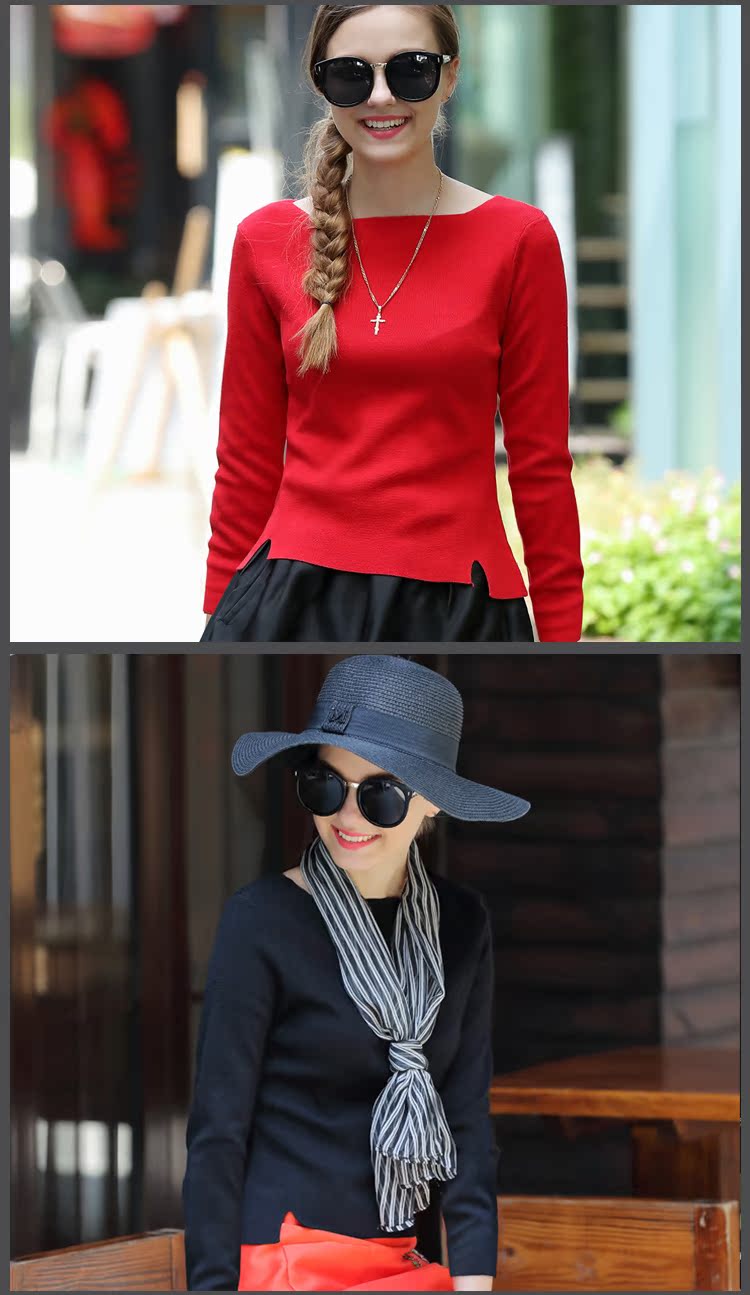 dior紅毛衣 2020春裝新款女裝薄款紅色毛衣針織衫女套頭長袖一字領上衣打底衫 dior毛衣