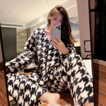 Houndstooth small fragrant wind pajamas winter female coral fleece plus velvet thick sexy 2022 new home service suit