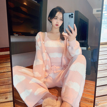Sexy pajamas winter female coral fleece 2022 new three-piece nightgown plus velvet thickened nightdress home service spring and autumn