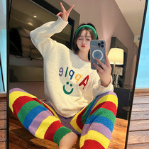 Rainbow striped coral fleece pajamas womens winter new plus velvet thickened soft couple home service suit mens autumn