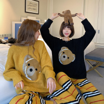 Cute bear pajamas female winter students coral velvet thickened Korean version 2020 new can wear home clothes set Autumn